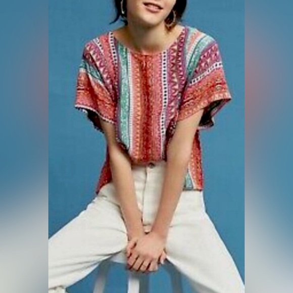 Anthropologie Maeve Milla Viscose Boho Print Short Sleeve Blouse. M. - Picture 2 of 5